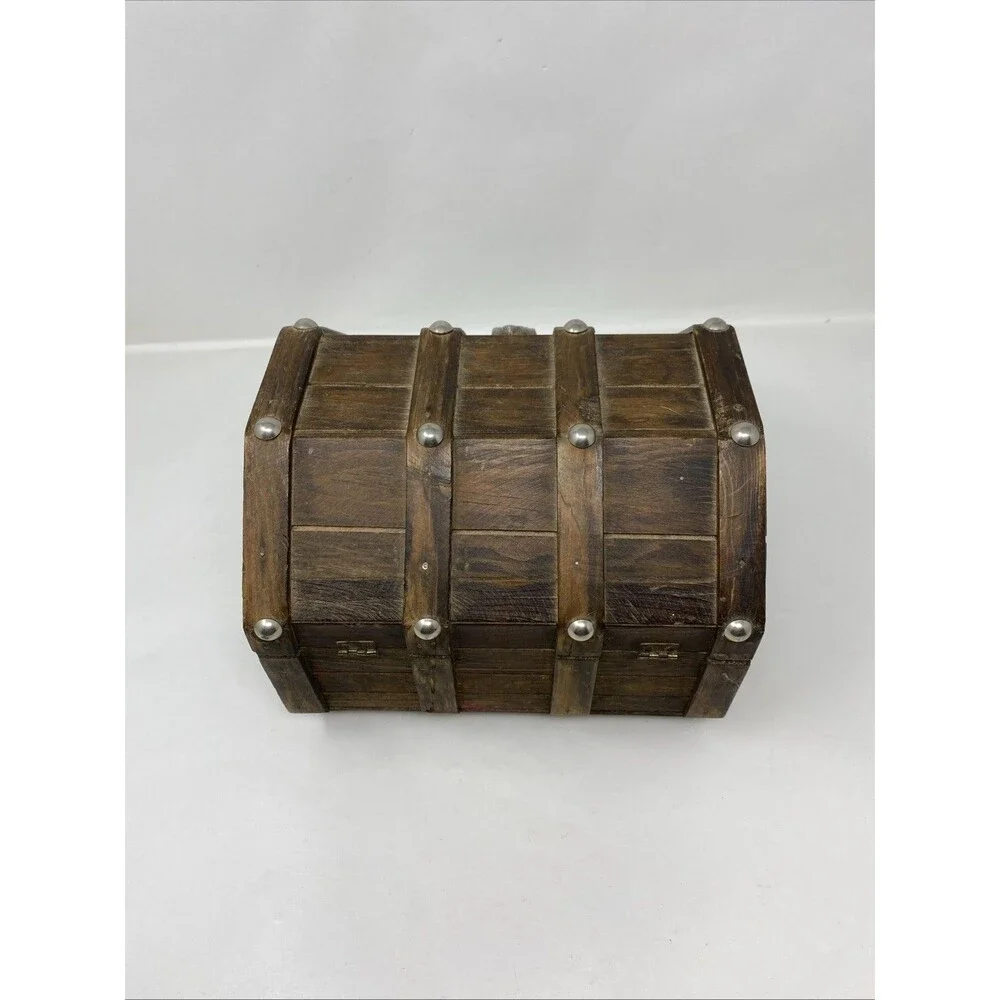 Vintage Wood Pirate Treasure Chest Jewelry Trinket Box Gothic Lion Heads